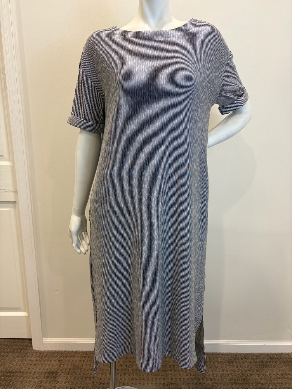 ELK THE LABEL Black & White Stripe Cotton Blend Midi Short Sleeve T-Shirt Dress